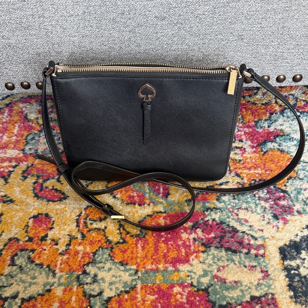 kate spade Black Leather Zip-Top Crossbody with Gold Hardware